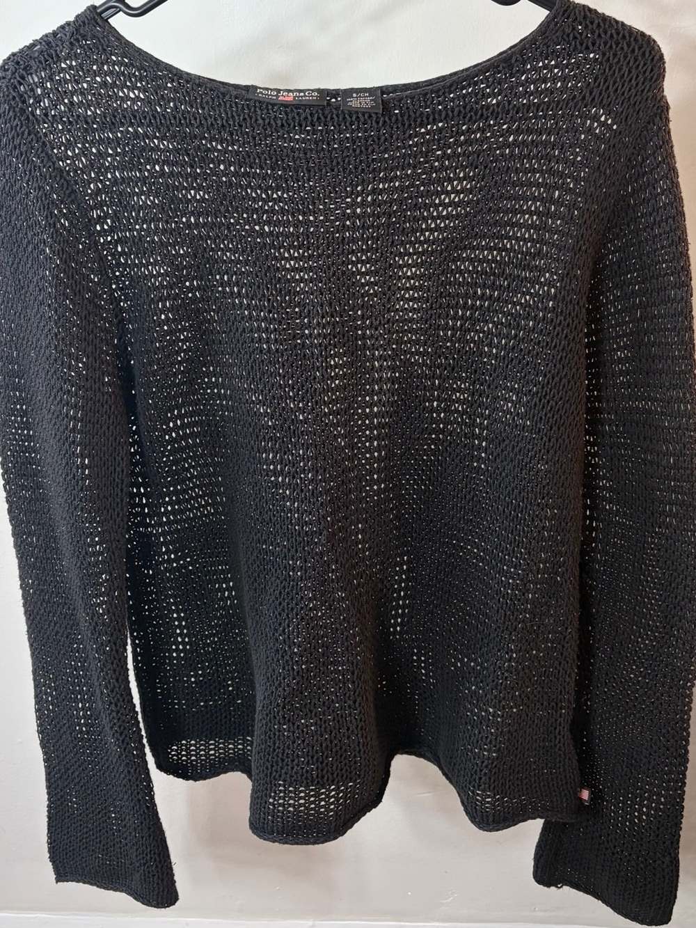 Polo Jeans Co. Ralph Lauren Black Open-Knit Crochet Sweater Vintage 90s Crewneck